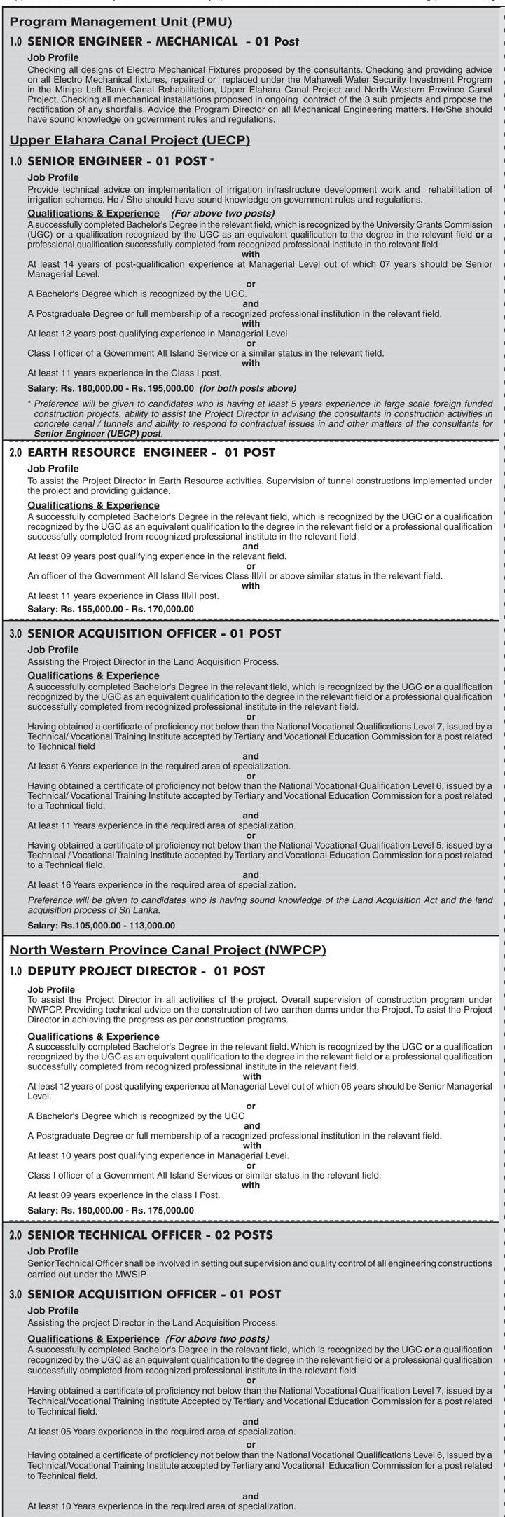 Senior Engineer, Earth Resource Engineer, Acquisition Officer, Deputy Project Director, Technical Officer, Irrigation/Civil Engineer, Environment Officer - Ministry of Mahaweli Development & Environment